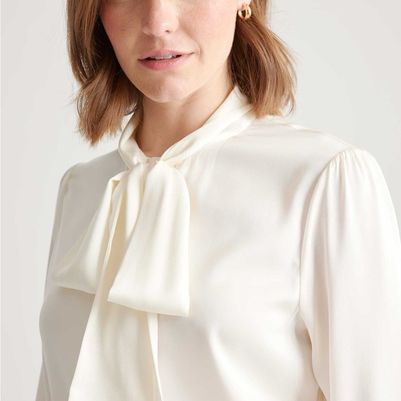 Quince Washable Stretch Silk Tie Neck Blouse in Ivory - Picture 2 of 10